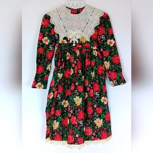 Vintage Bonnie Jean-Christmas Floral Print Dress with Lace Bib Collar-Size 10